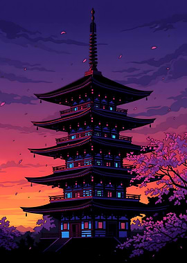 Japanese Aesthetics – Neon Pagoda at Sunset
