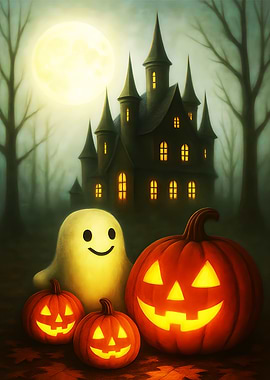 Halloween Night with Ghost and Pumpkins