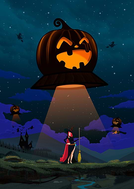 Halloween Witch and Pumpkin UFO