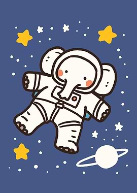 Elephant Astronaut in Space Cartoon