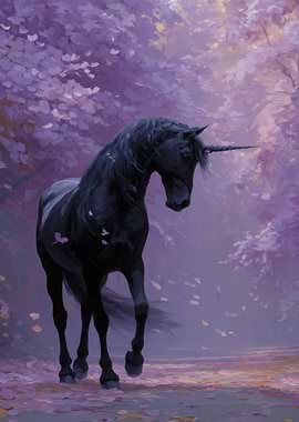 Black Unicorn in a Autum Purple Forest