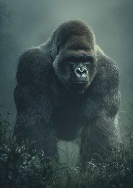 Majestic Gorilla Portrait in Misty Jungle