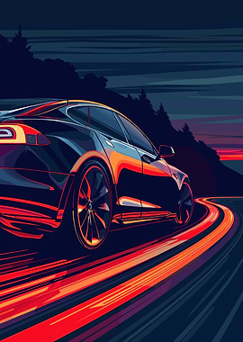 Tesla on a winding road at night