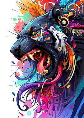 Colorful Roaring Panther Digital Art