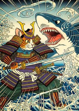 Samurai Cat Shark Ukiyo-e Style
