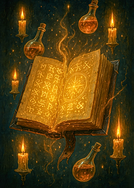 Mystical Book with Potions and Candles
