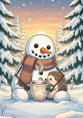 Snowman and Hedgehog Winter Cocoa Scene