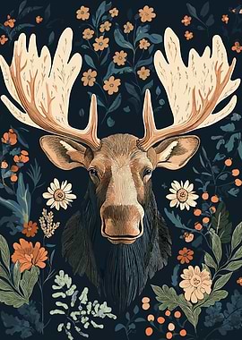 Moose Portrait with Floral Background