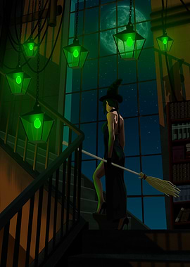 Witch on Stairs with Broom