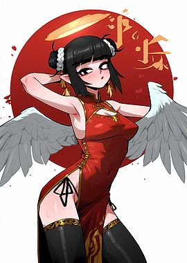 Anime Angel Girl in Red Cheongsam