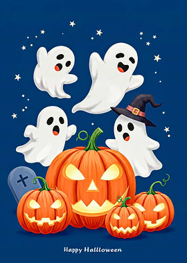 Halloween Pumpkins and Ghosts Illustration