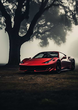 Ferrari under a Foggy Tree