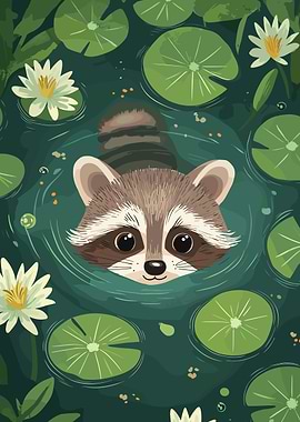 Raccoon in Lily Pond Illustration