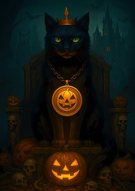 Halloween Black Cat with Pumpkin Coin on Throne