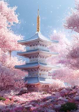 Japanese Pagoda with Cherry Blossoms