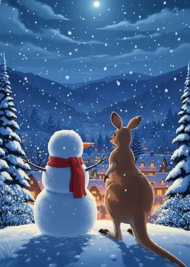 Snowy Night with Kangaroo and Snowman