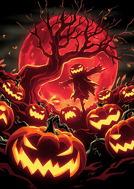 Halloween Night Pumpkins and Scarecrow