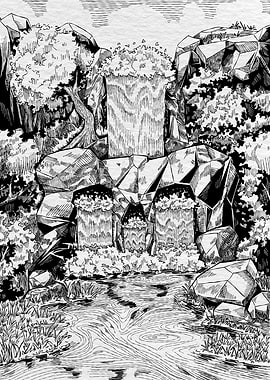 Monochrome Waterfall Landscape Illustration