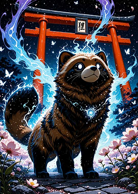 Tanuki Japan Mythology With Torii Gate Cherry Blossom Sakura