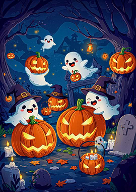 Cute Halloween Ghosts and Pumpkins