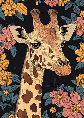 Giraffe Portrait with Floral Background