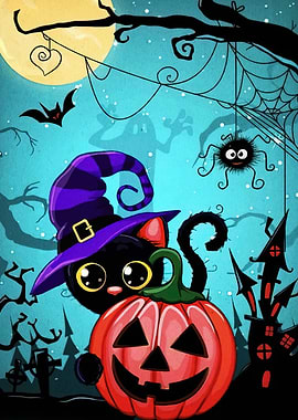 Halloween Cat with Pumpkin and Witch Hat