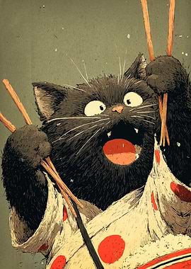 Surprised Cat with Chopsticks Illustration