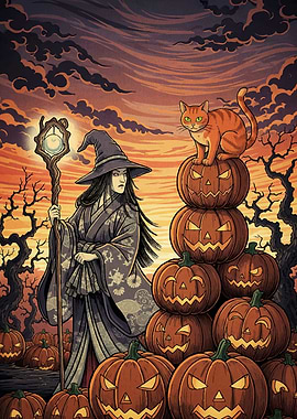 Witch Cat Pumpkins Halloween