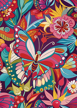Colorful Butterfly and Floral Pattern