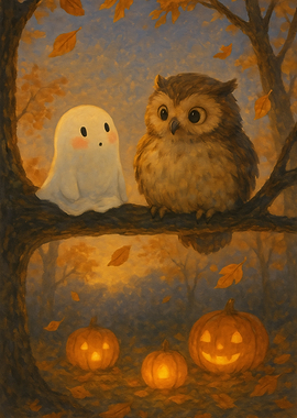 Cute Halloween Owl and Ghost