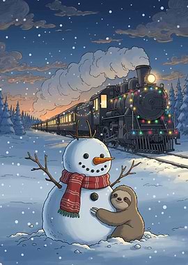 Winter scene with train, snowman, and sloth