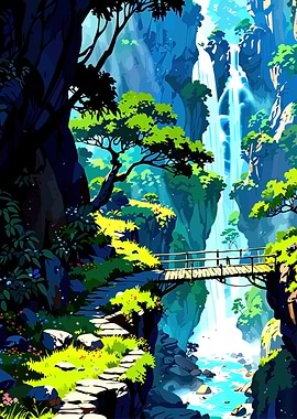 Waterfall Landscape with Bridge and Path