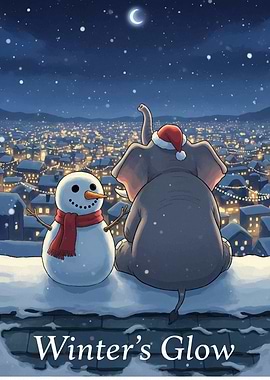Elephant and Snowman Winter Night Scene