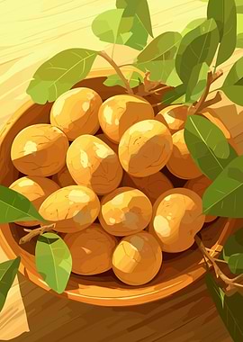 Bowl of Longan Fruit with Leaves