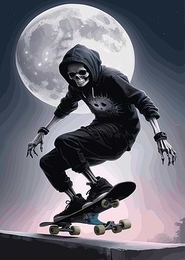 Skeleton Skateboarder Under Moonlight