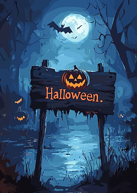 Halloween Night Scene with Pumpkin Sign
