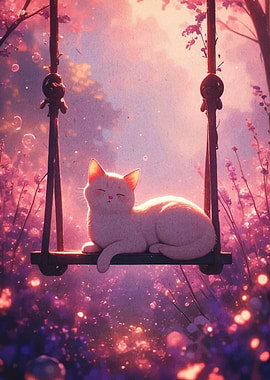 Cat on a swing in pink