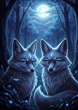 Two Foxes Under Moonlight