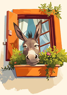 Donkey in Window with Flowers