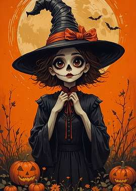 Halloween Anime Witch with Pumpkins and Moon