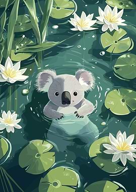 Koala in Lily Pond Illustration