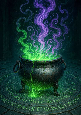 Cauldron with green and purple smoke