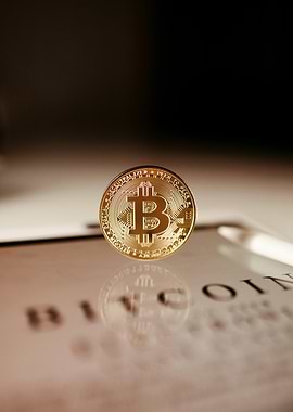 Golden Bitcoin Coin on Reflective Surface