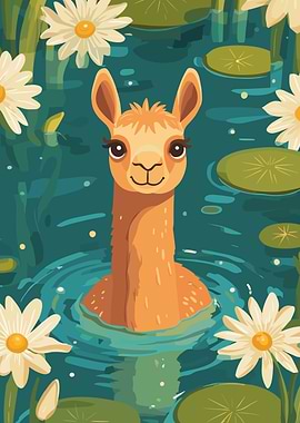 Llama in Pond with Daisies