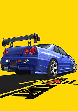 Blue Nissan Skyline on Yellow Background