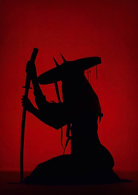 Silhouette of Samurai with Sword on Red