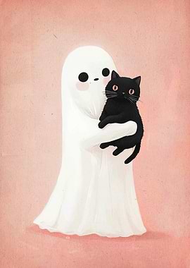 Cute Ghost Holding Black Cat Illustration