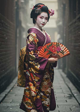 Geisha in Traditional Kimono with Fan