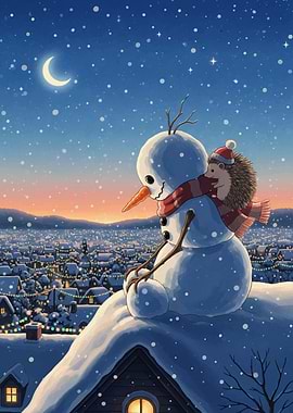 Snowman and Hedgehog Winter Scene