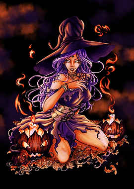 Halloween Witch with Pumpkins and Flames